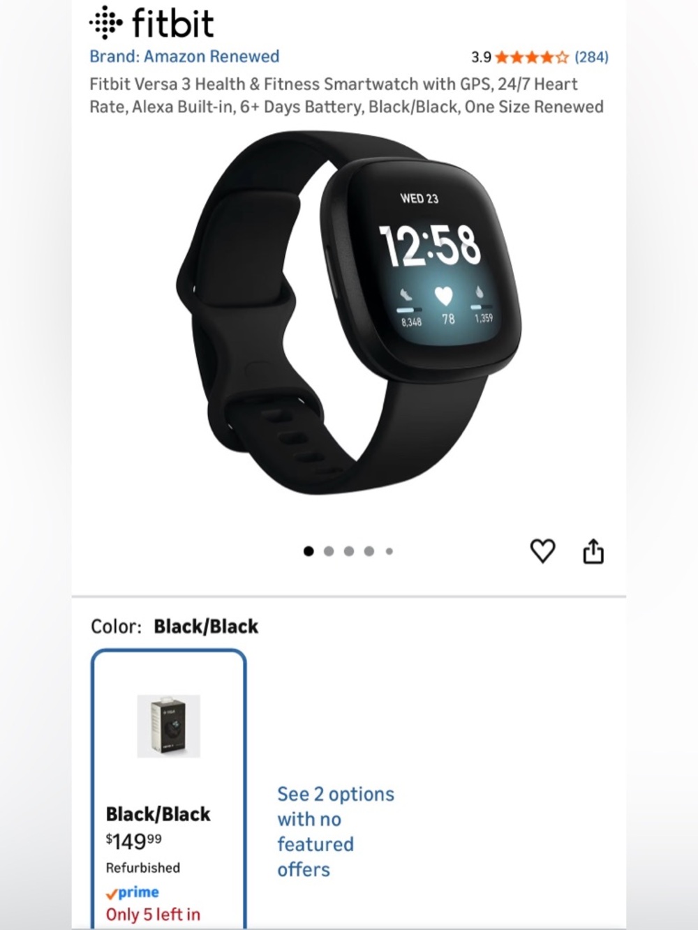 fitbit Versa 3 Smartwatch - Black/Black